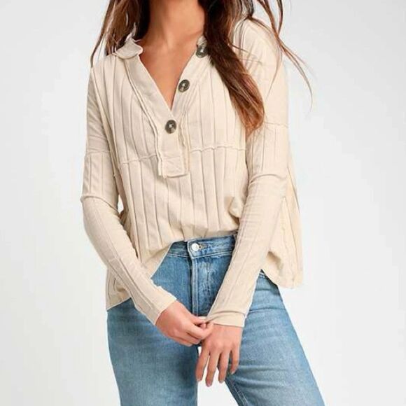 Free People Tops - Free people In The Mix Ivory Ribbed Long Sleeve large button top Top size Medium